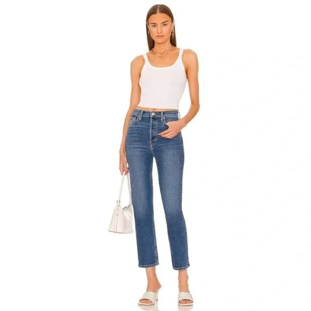 Re/Done Stove Pipe Button Fly High Rise Straight Jeans in 60's‎ Blue